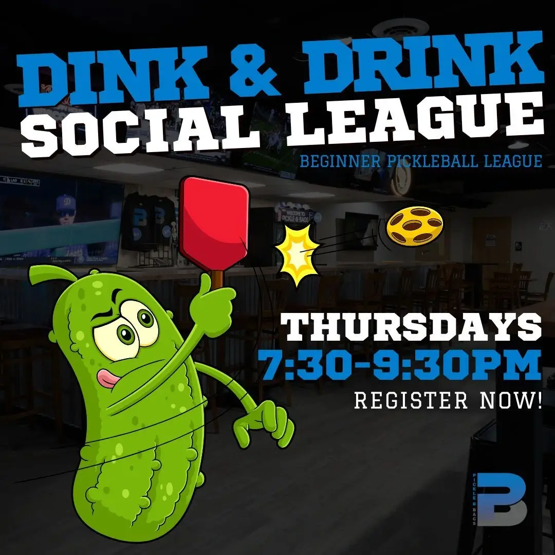 Poster promoting the Drink and Drink Social League, featuring vibrant graphics and event details for participants