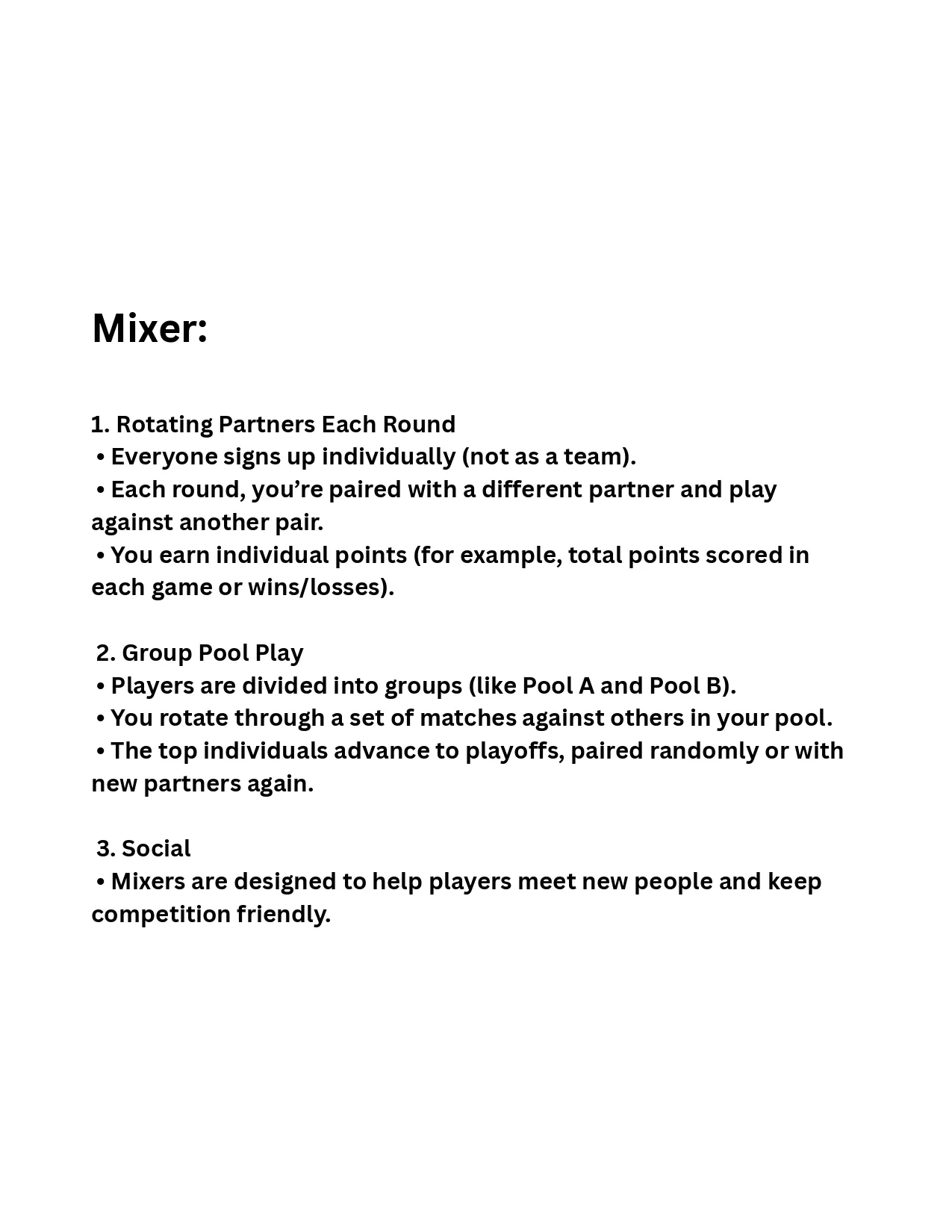 Text document titled "Mixer" outlining three types of game formats: Rotating Partners, Group Pool Play, and Social.