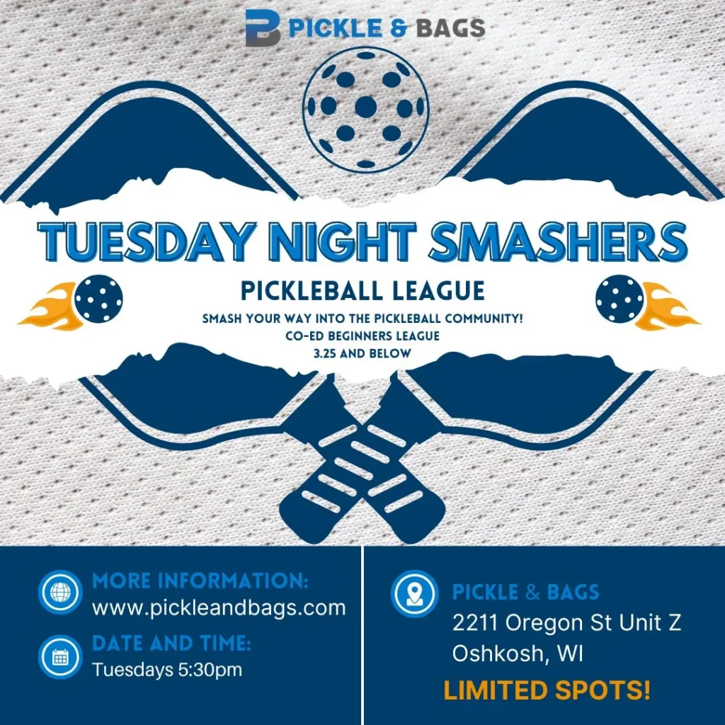 Promotional flyer for Tuesday Night Smashers pickleball league with crossed paddles and flaming balls.