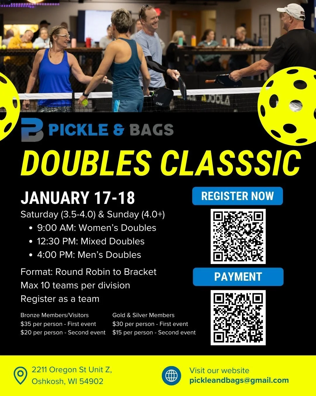 Four adults playing pickleball indoors with event details and registration QR codes below.