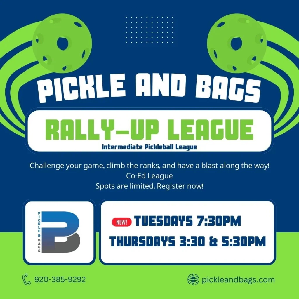 Promotional graphic for Pickle and Bags Rally-Up League with schedule and contact information.