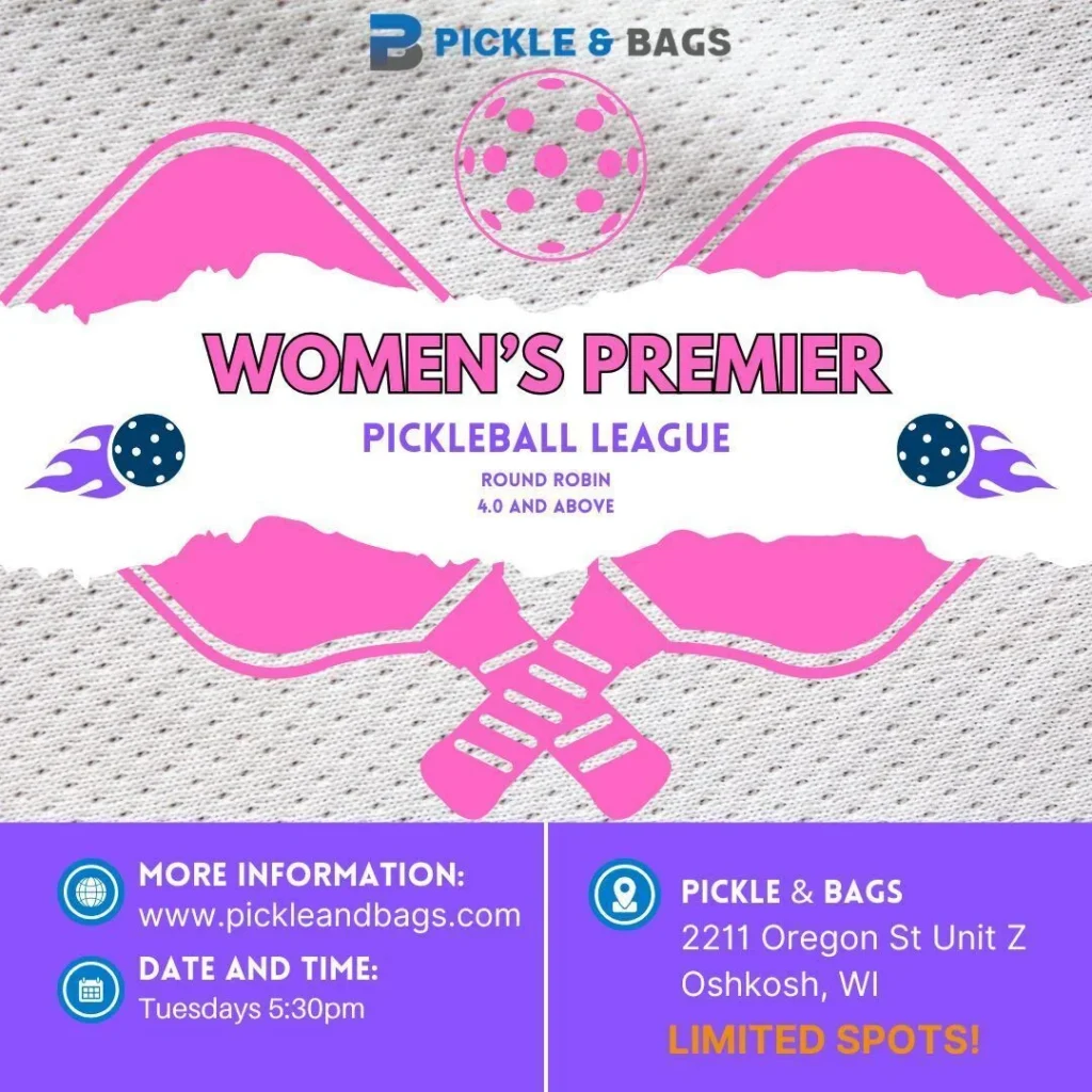 Promotional flyer for Women's Premier Pickleball League with pink paddles and informational text.