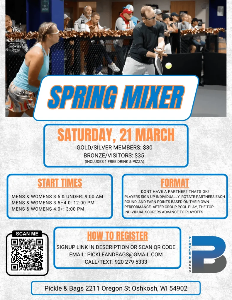Image of a pickleball game in progress with event details for a Spring Mixer on March 21.